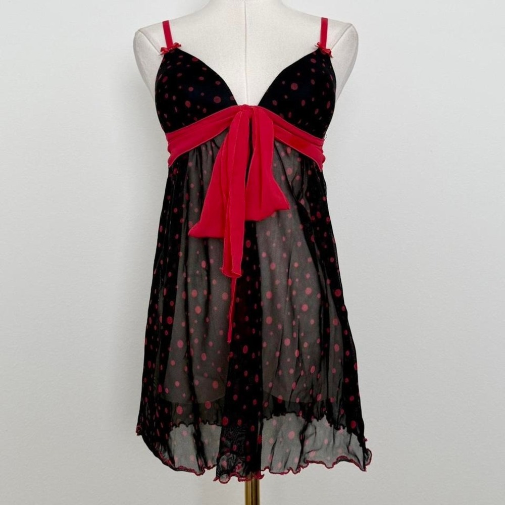 Retro Style Coquette Red & Black Polka Dot Slip Sz S Sheer Whimsy